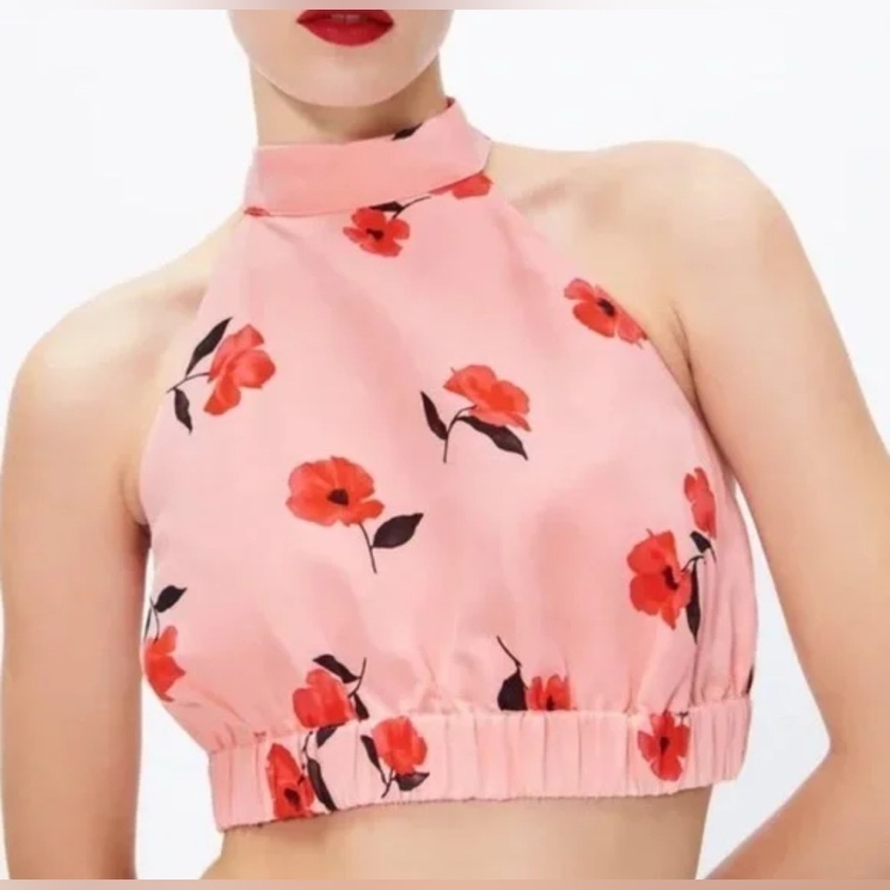 Zara Women’s Floral Print Halter Crop Top High-Neck Linen Blend in Pink Sz S